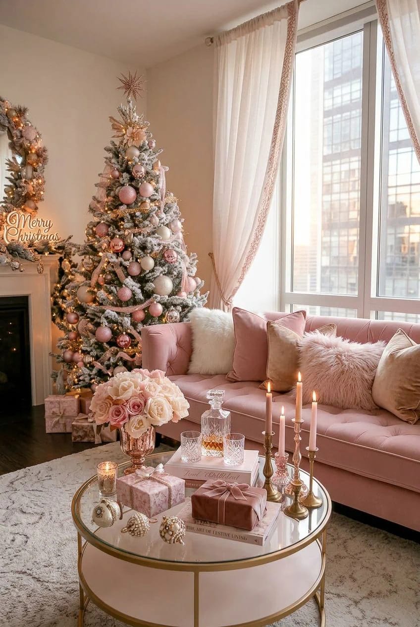 Pink Christmas Decor Ideas for a Glam Living Room 17 layer blush velvet and faux fur on the sofa 1