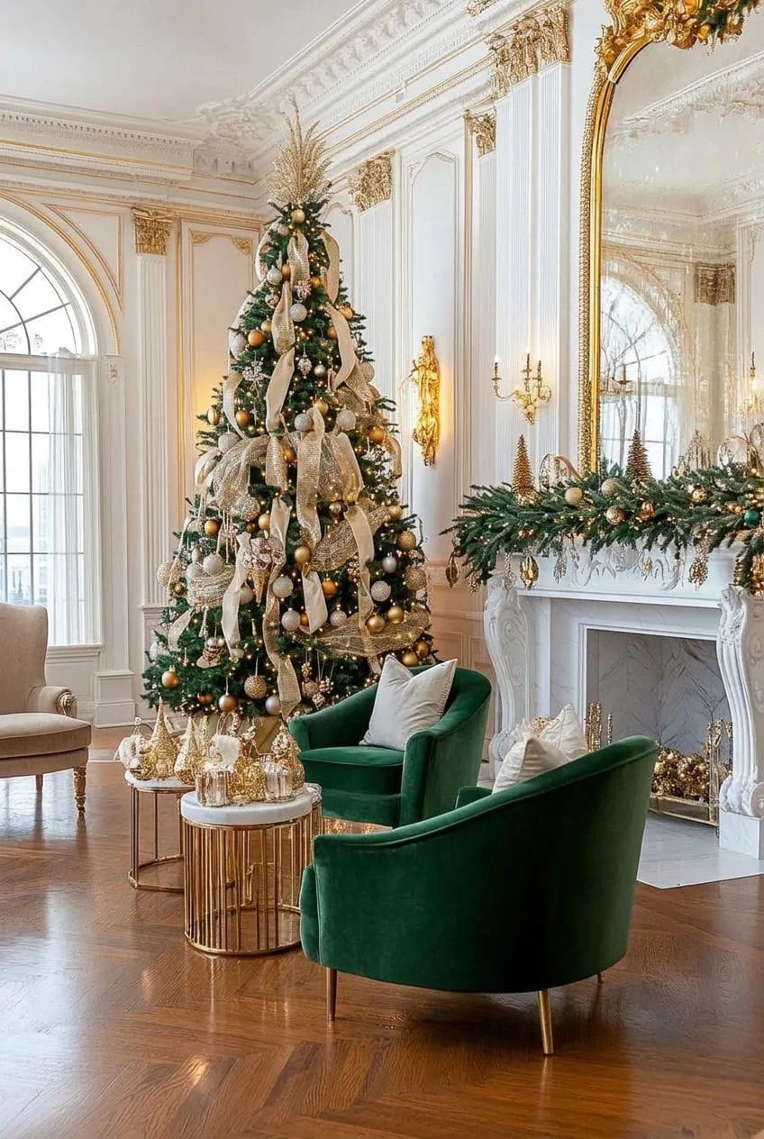 Elegant Christmas Tree Ideas with Gold and Glass Ornaments 17 layer, light, and drape 1