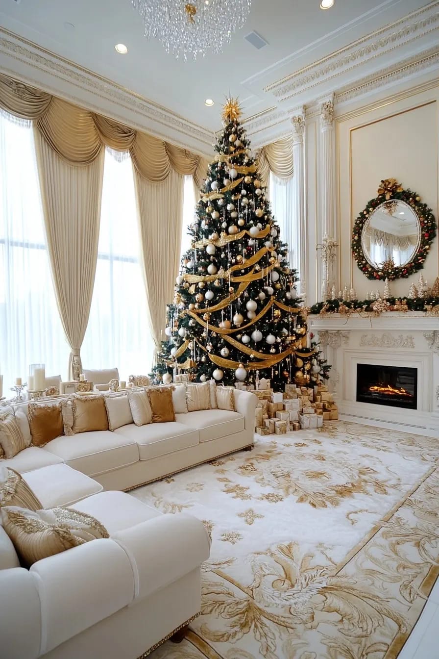 Elegant Christmas Tree Ideas with Gold and Glass Ornaments 21 layer, light, and drape 1