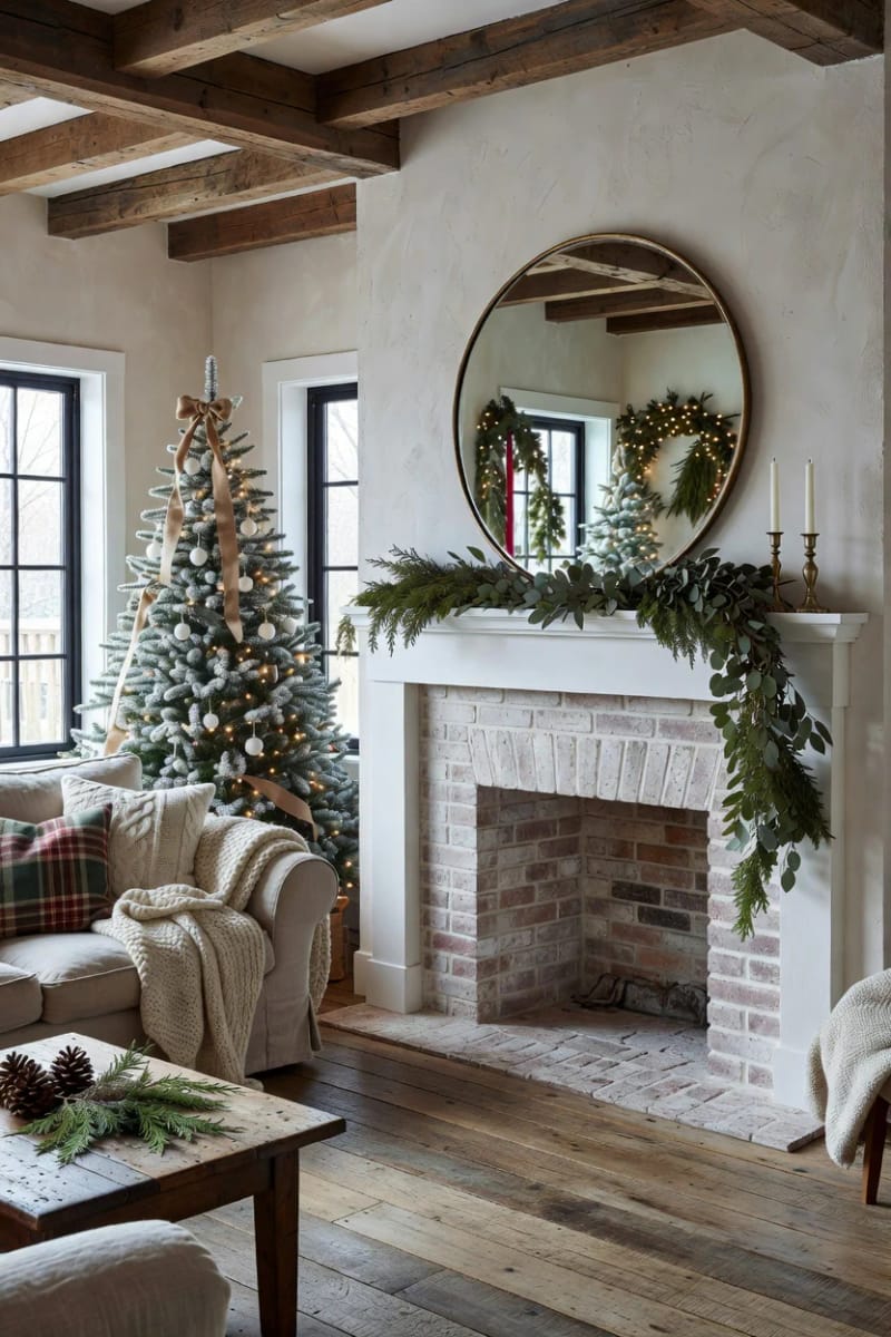 Farmhouse Christmas Mantel Decorating Ideas That Skip the Store-Bought Look 10 lean a mirror or framed print against the wall instead of hanging it 1