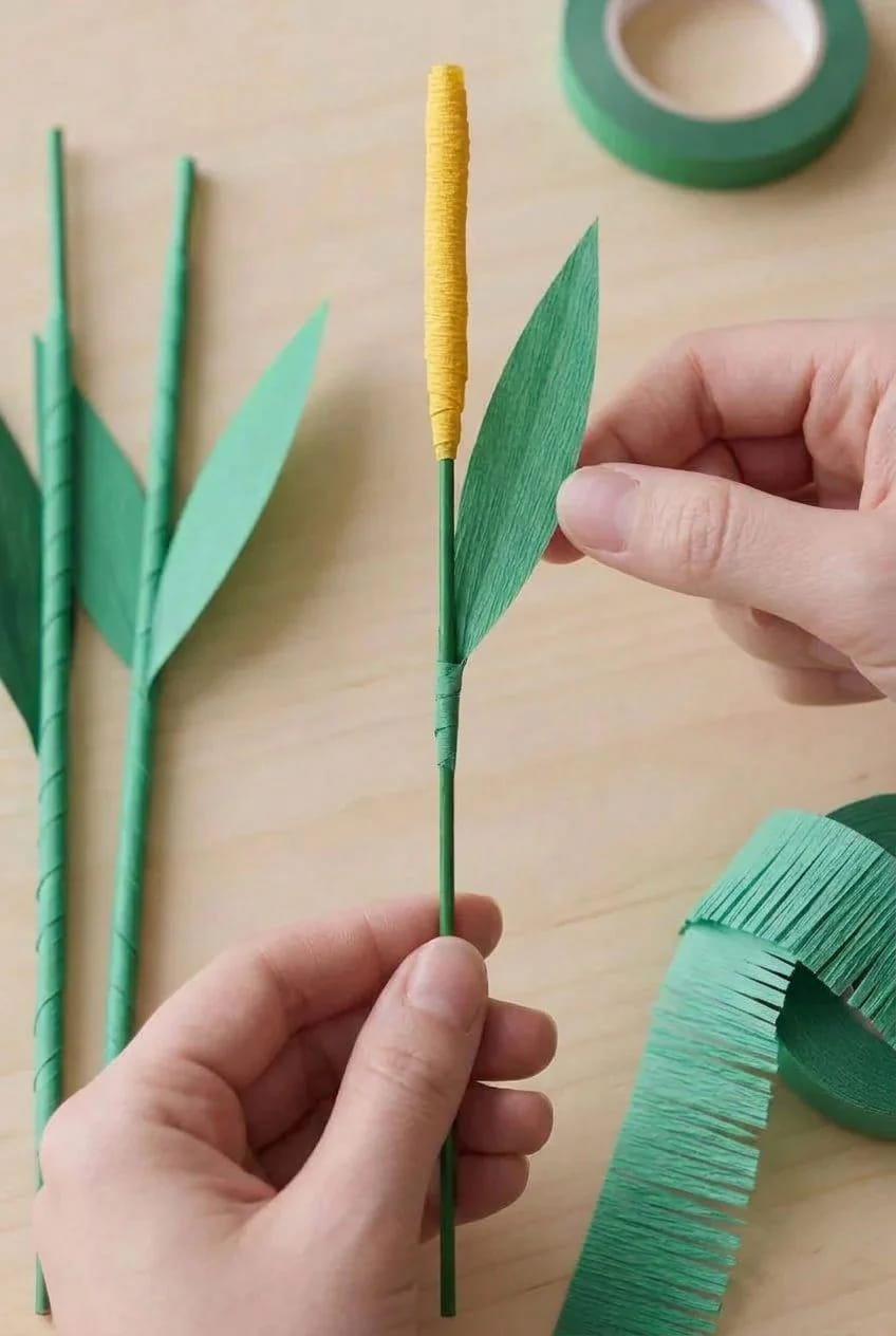 How to Make White Paper Calla Lilies That Hold Their Shape 8 leaves, stems, and the green fringe 1