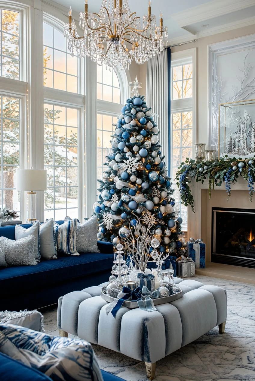 Blue and Silver Christmas Decor Ideas for the Living Room That Don't Read as Cold 2 Elegant living room featuring a Christmas tree decorated with navy and ice blue ornaments, silver accents, and snowflake decorations, complemented by blue and silver throw pillows, a light gray ottoman with festive decor, and a decorated mantel, illustrating blue and silver Christmas decor ideas.