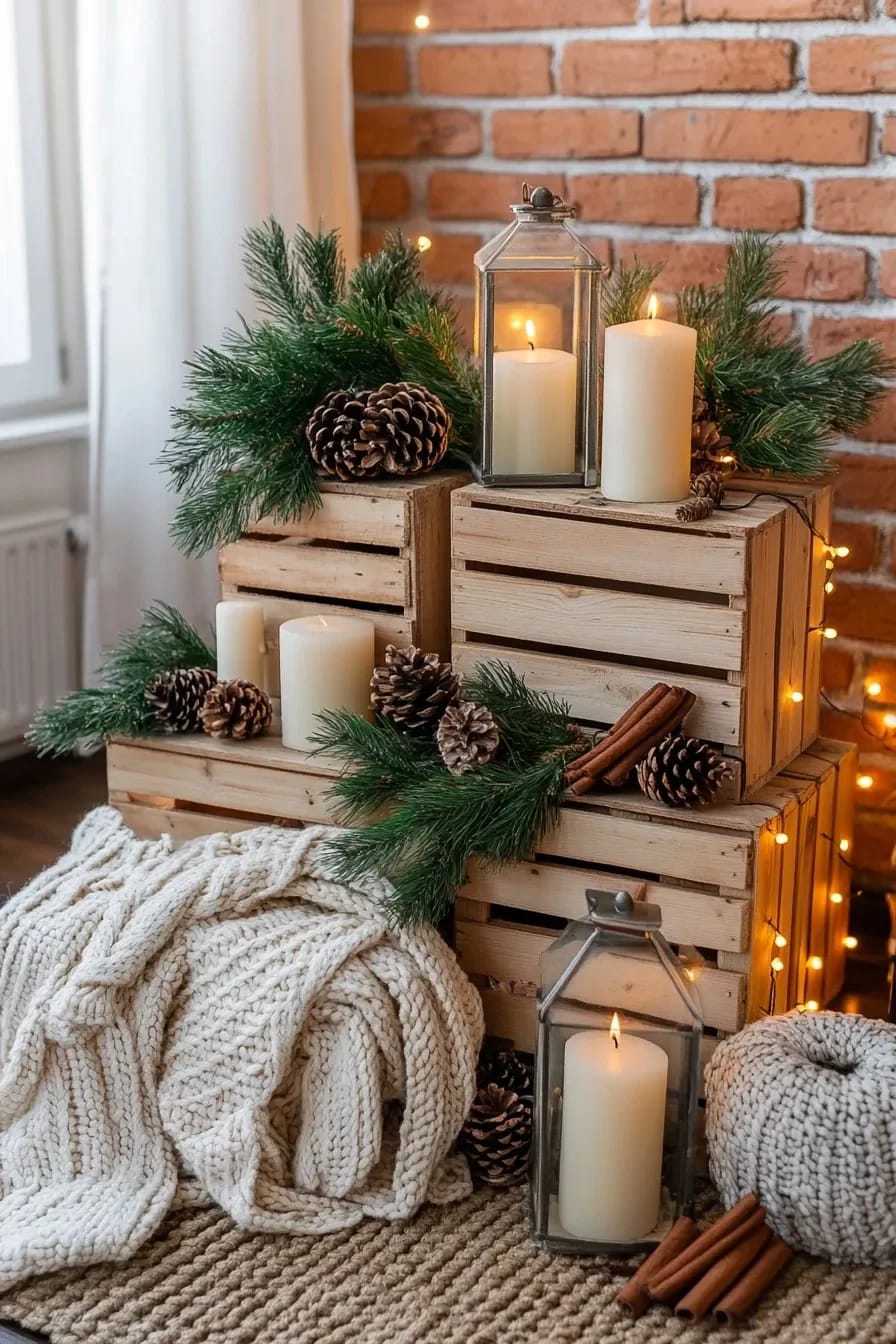 Rustic Christmas Decor with Raw Wood and Dark Greenery That Doesn't Read Like a Craft Store 2 Rustic Christmas decor featuring stacked raw wood crates, pine branches, pinecones, white candles in lanterns, cinnamon sticks, chunky knit blankets, and warm string lights against a brick wall, highlighting natural materials and dark greenery.