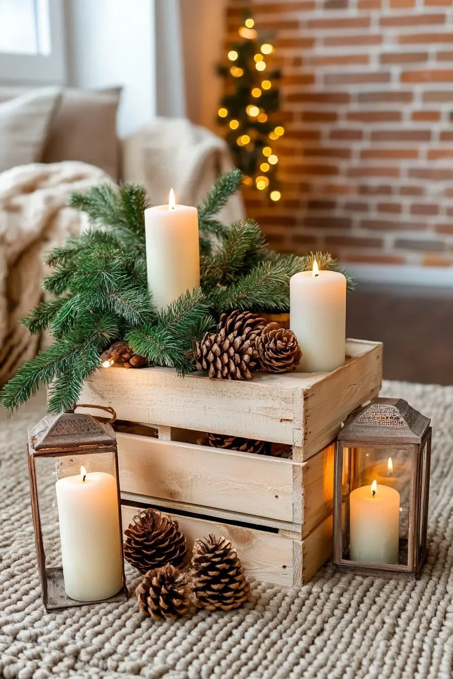 Rustic Christmas Decor with Raw Wood and Dark Greenery That Doesn't Read Like a Craft Store 3 A rustic Christmas decor arrangement featuring raw wood crates, dark green pine branches, pinecones, and pillar candles, with two lanterns and a cozy living room background including a small lit Christmas tree.