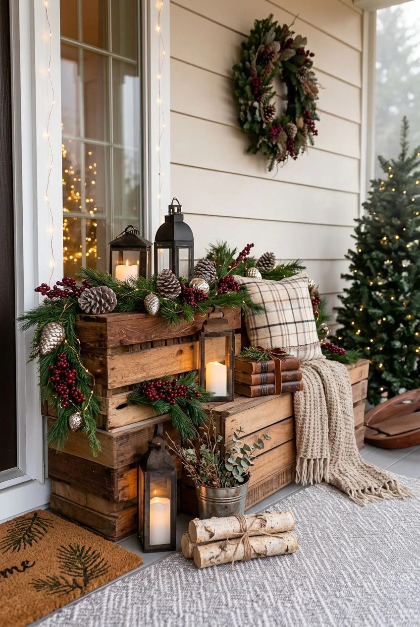 Rustic Christmas Decor with Raw Wood and Dark Greenery That Doesn't Read Like a Craft Store 4 Rustic Christmas decor featuring stacked raw wood crates adorned with dark greenery, pinecones, red berries, and candles in lanterns, a plaid pillow, cozy blanket, stacked books, and a bundle of birch logs, with a wreath and Christmas tree in the background.