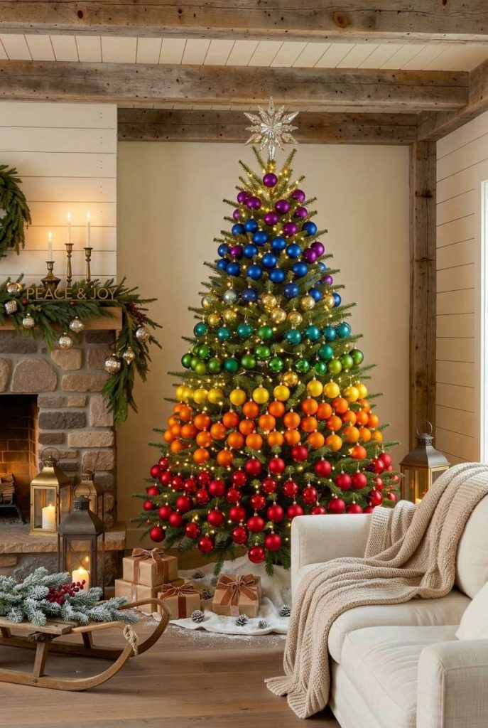 Lovely Harbor 45 A Christmas tree decorated with ornaments arranged in colorful rainbow sections, featured in a cozy living room with rustic wood beams, a fireplace, wrapped gifts, and festive greenery, illustrating whimsical Christmas tree decorating ideas that emphasize playful use of color.