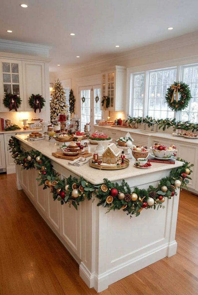 Lovely Harbor 43 A bright kitchen decorated for Christmas with garlands, wreaths, and ornaments on the island and counters, featuring holiday treats and a gingerbread house, illustrating Christmas kitchen decor ideas while keeping space functional for cooking.