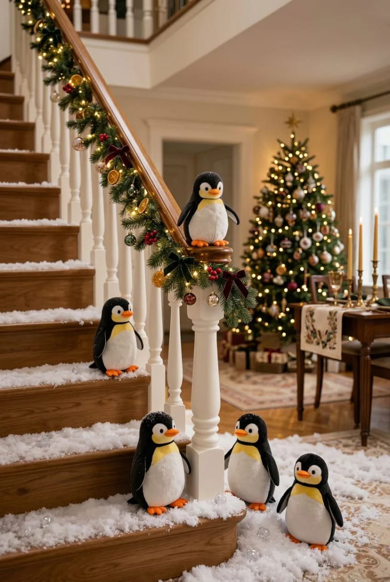 Sliding Penguins on the Banister: Christmas Staircase Ideas That Hold Up 4 let them crash: a penguin pileup at the bottom of the stairs 1