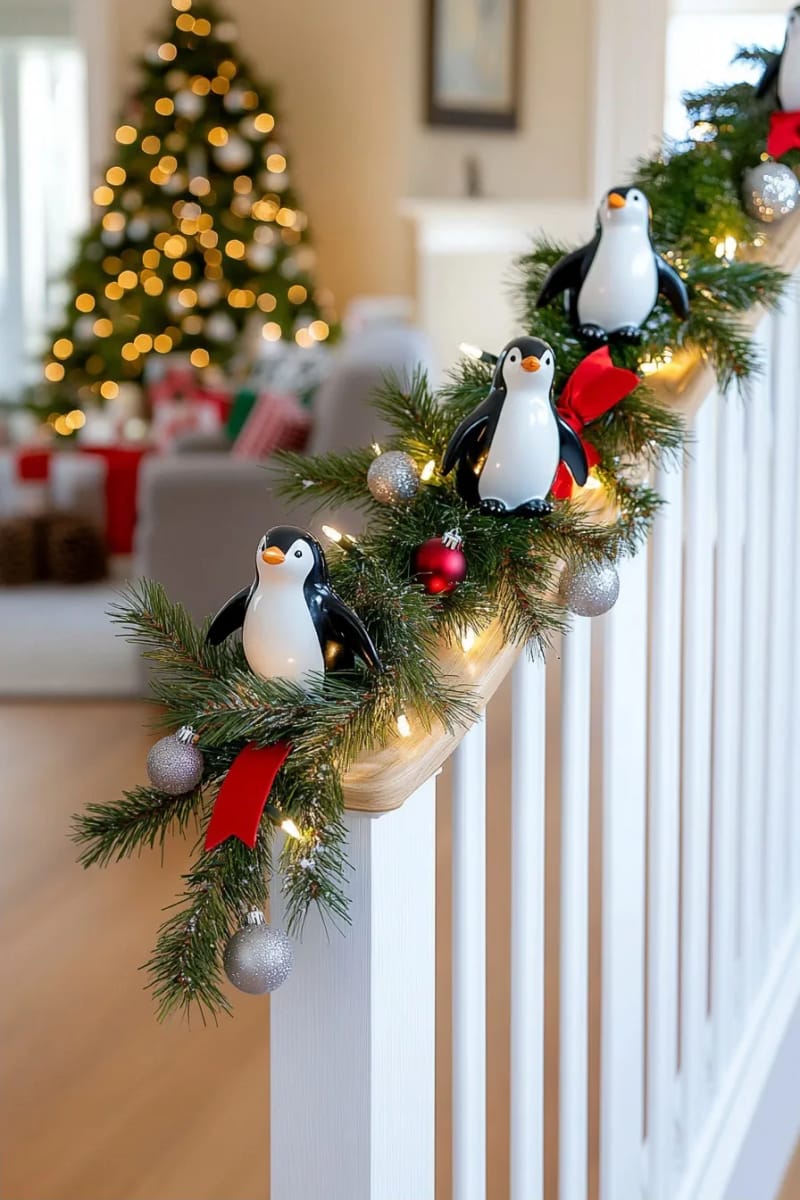 Sliding Penguins on the Banister: Christmas Staircase Ideas That Hold Up 9 light it from underneath so the banister glows after dark 1