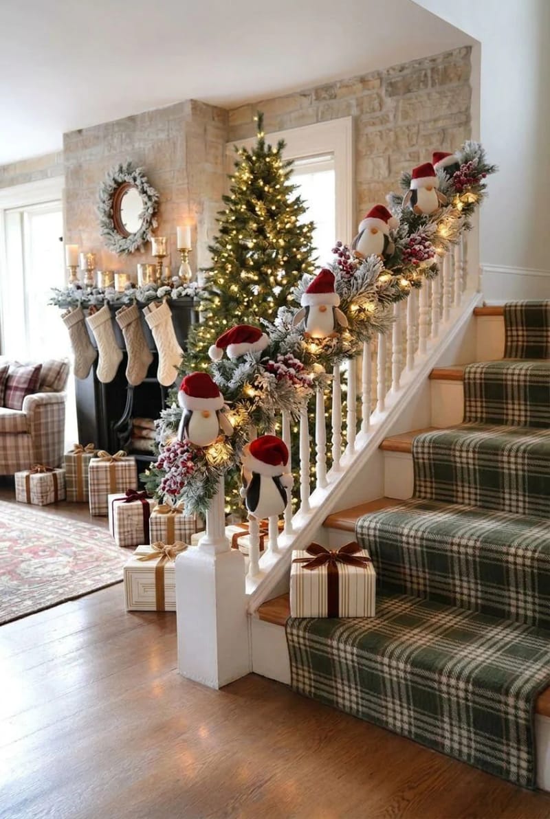 Sliding Penguins on the Banister: Christmas Staircase Ideas That Hold Up 10 light it from underneath so the banister glows after dark 1