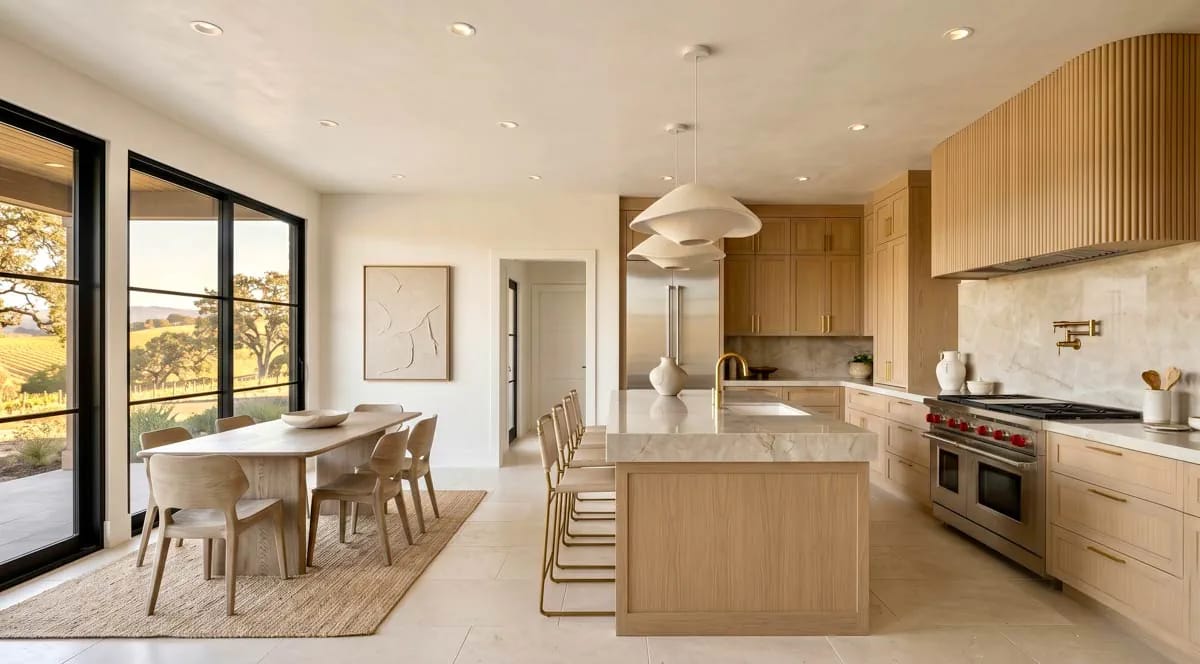 3-Bedroom Modern Farmhouse House Plan with Wrap-Around Porch and Outdoor Fireplace (1,801 Sq. Ft. Floor Plan) 5 light wood slab fronts, a pale stone island, and not a board of shiplap anywhere 1