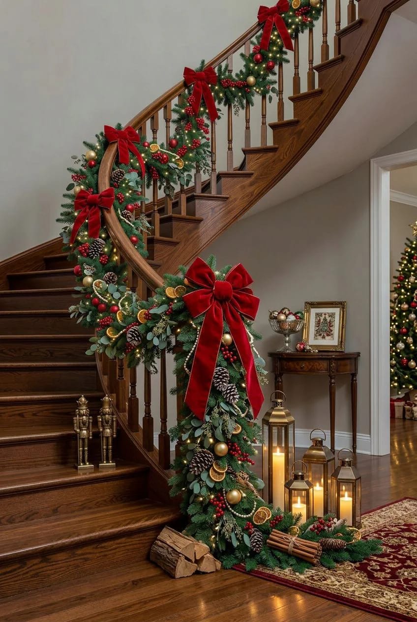 load the newel post and set lanterns at the base of the stairs 1