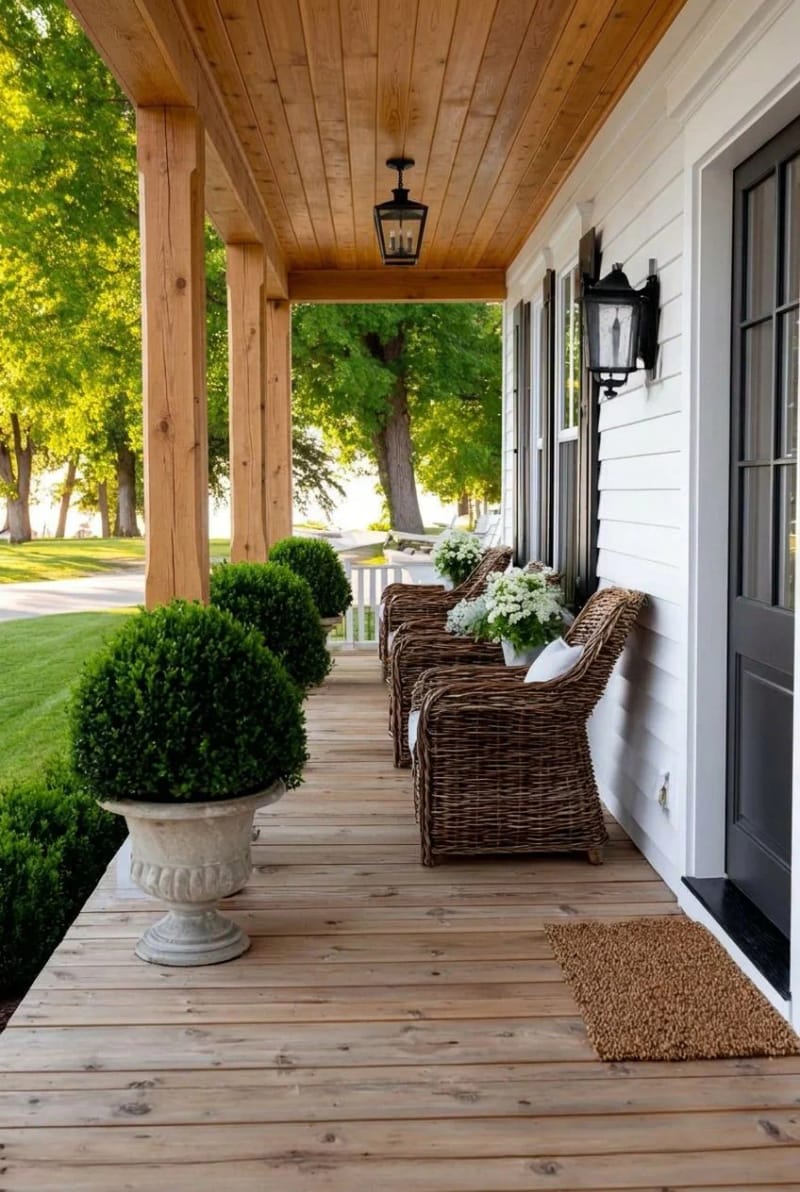 long white farmhouse porch with wood columns, wicker chairs, and topiaries. 1