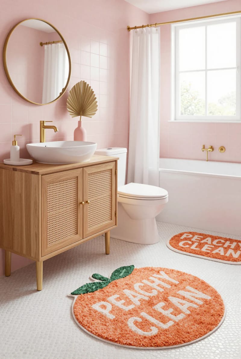 20 Pink Coastal Bathroom Ideas With a Breezy Finish 14 minimalist bathroom with woven vanity, pink tile, and peach-shaped rug. 1