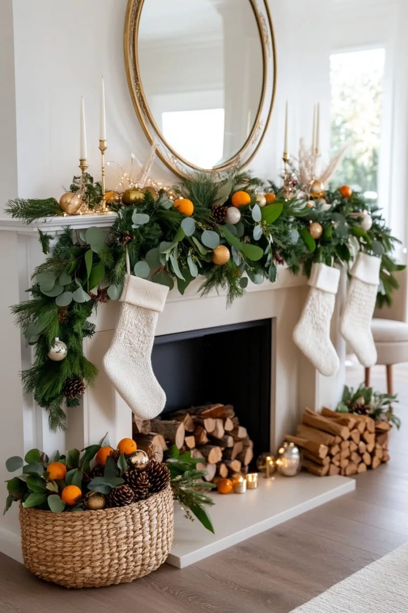 Christmas Mantel Decor Ideas With Garland That Look Designer, Not Draped-On 14 mix your mantel greenery: cedar, eucalyptus, magnolia, and dried citrus 13