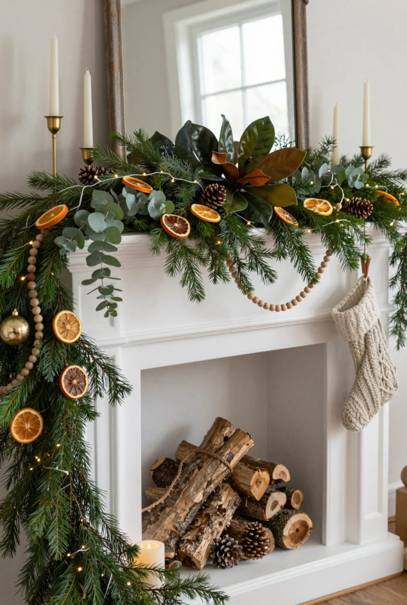 Christmas Mantel Decor Ideas With Garland That Look Designer, Not Draped-On 15 mix your mantel greenery: cedar, eucalyptus, magnolia, and dried citrus 14