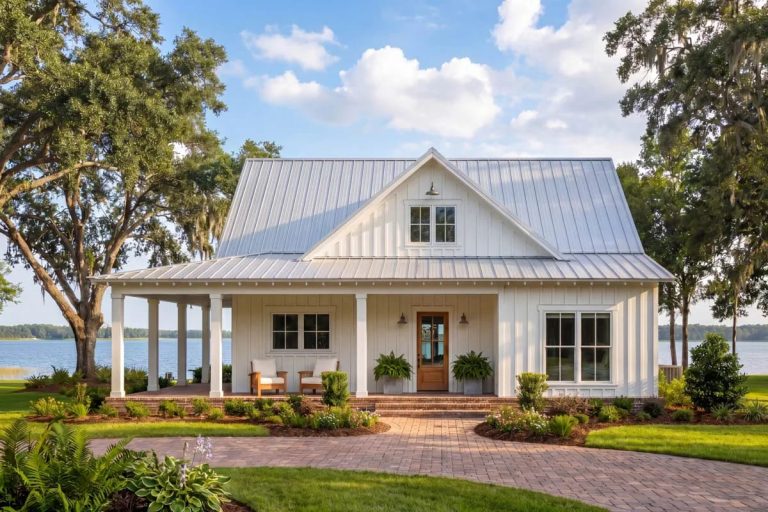 Front view of a white modern farmhouse with metal roof, wide front porch, and brick walkway.