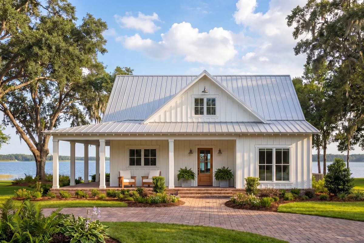 Front view of a white modern farmhouse with metal roof, wide front porch, and brick walkway.