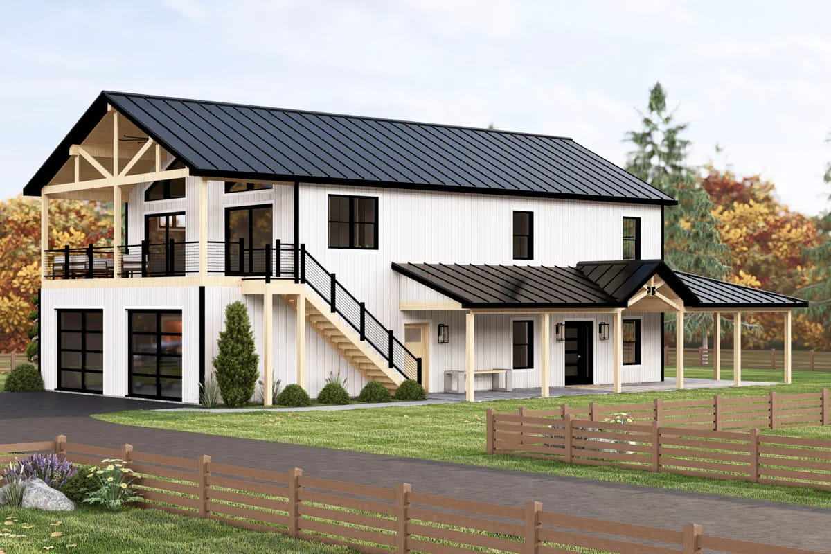 Modern farmhouse exterior with metal roof, upper deck, and large garage doors