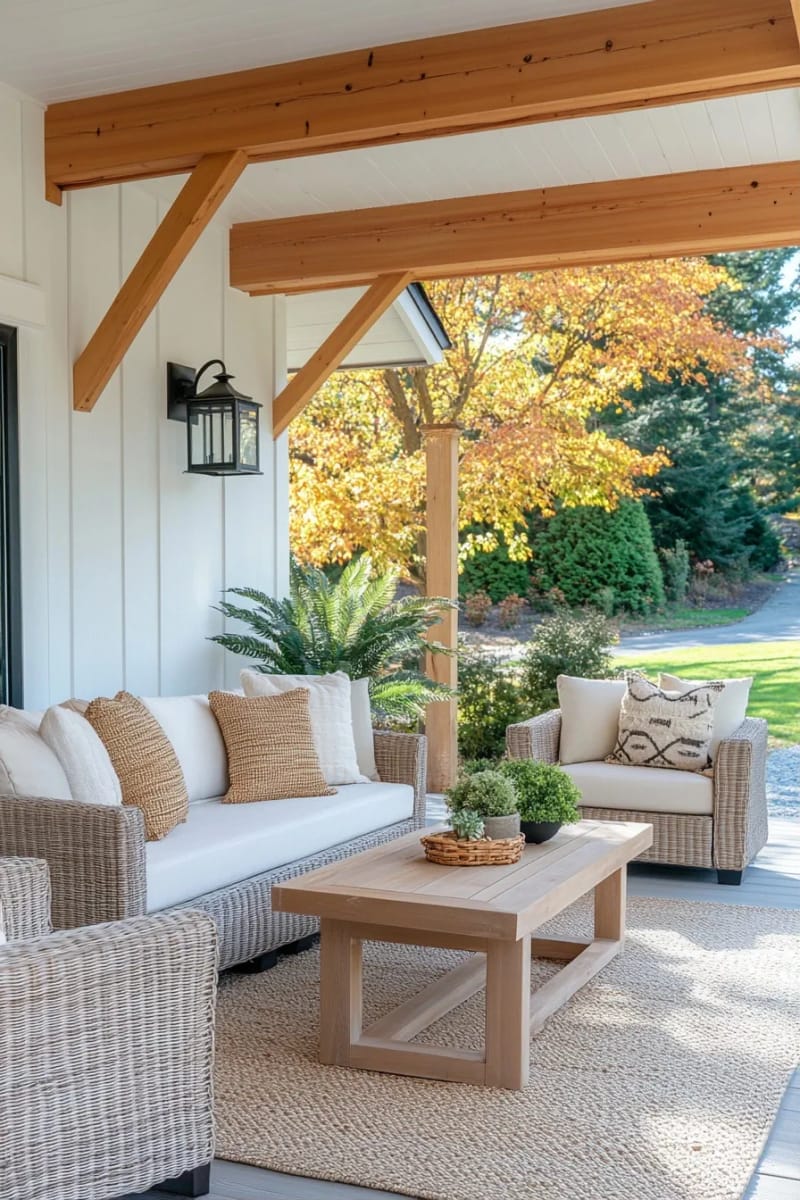 modern farmhouse porch with wood beam supports and wicker sofas. 1