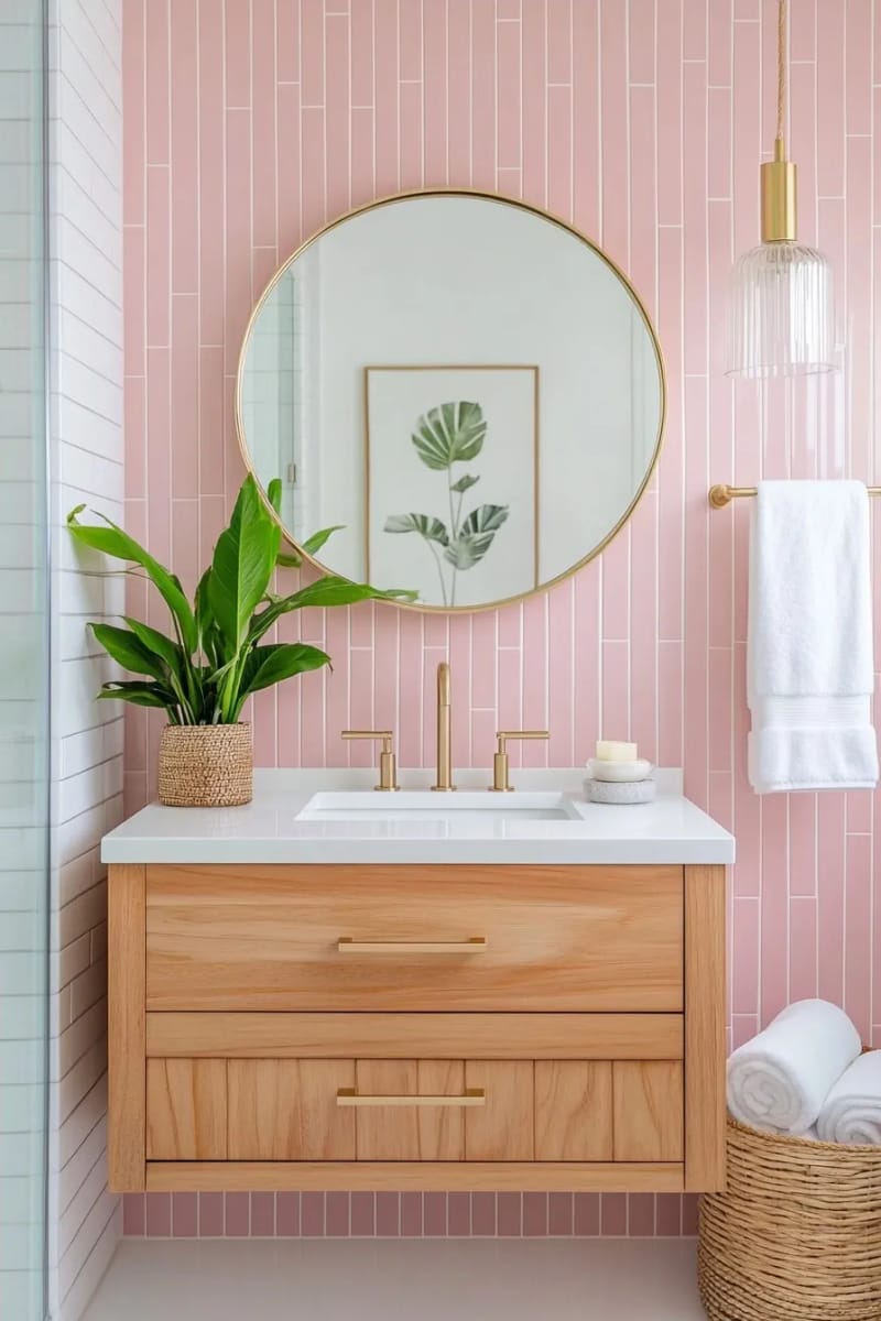 20 Pink Coastal Bathroom Ideas With a Breezy Finish 16 modern pastel bathroom with vertical pink tiles and wood vanity. 1