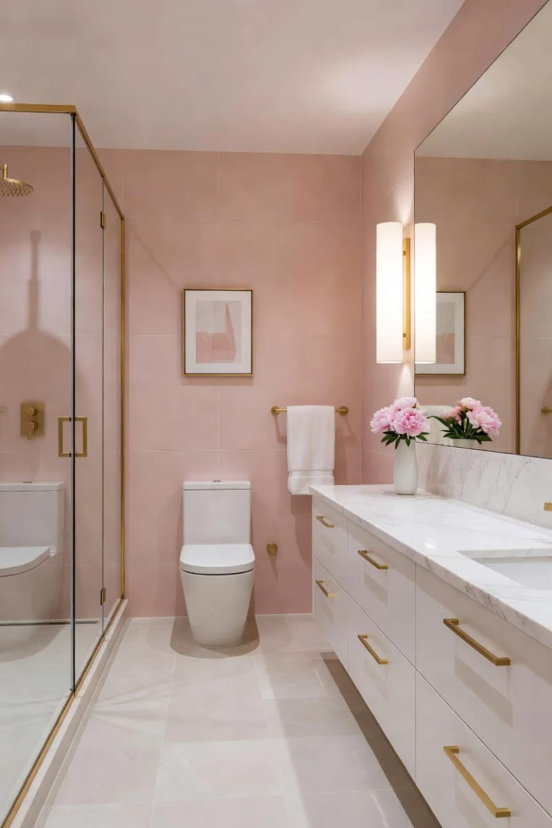 20 Pink Coastal Bathroom Ideas With a Breezy Finish 8 modern pink-tiled bathroom with gold trim and marble vanity. 1