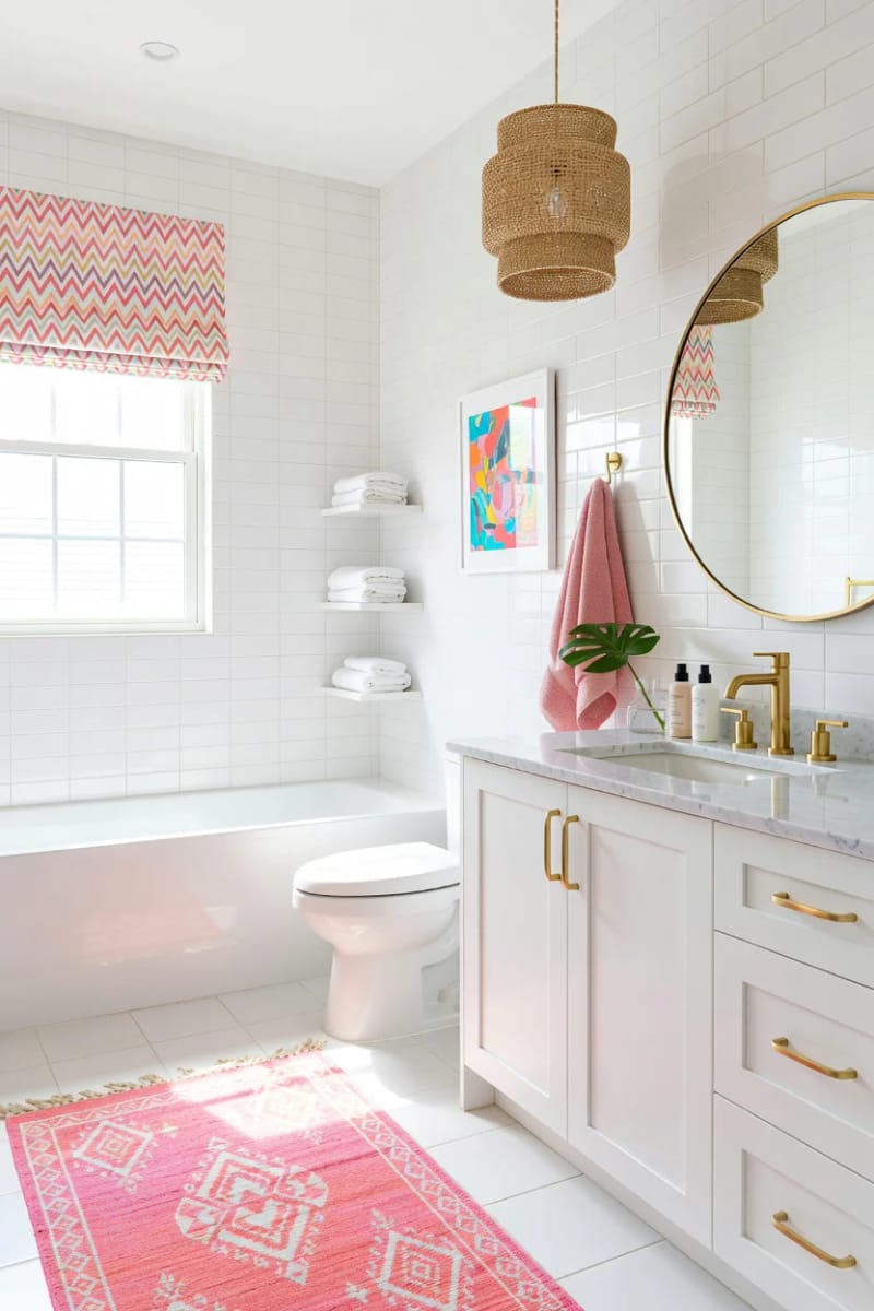 20 Pink Coastal Bathroom Ideas With a Breezy Finish 21 modern white bathroom with gold handles, pink rug, and geometric accents. 1