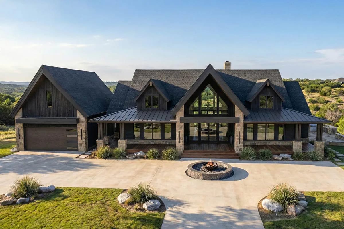 Modern mountain lodge home exterior with dark wood, stone, and front porch.