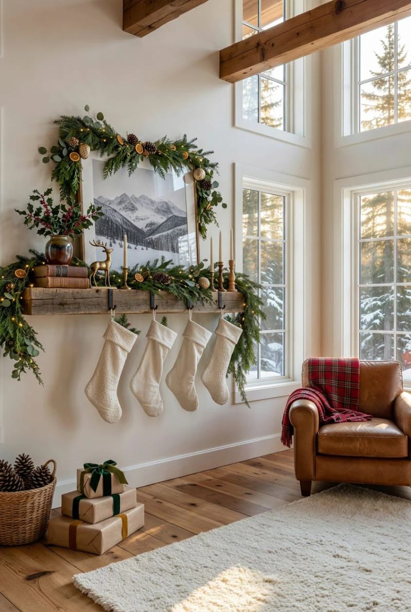 Farmhouse Christmas Mantel Decorating Ideas That Skip the Store-Bought Look 14 no fireplace? fake the mantel with a chunky floating shelf 1
