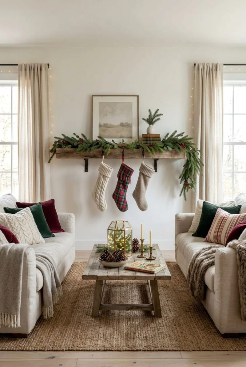 Farmhouse Christmas Mantel Decorating Ideas That Skip the Store-Bought Look 16 no fireplace? fake the mantel with a chunky floating shelf 1