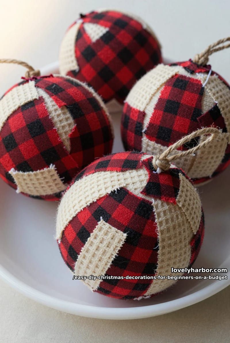 12 Easy DIY Christmas Decorations for Beginners on a Budget 19 no-sew fabric scrap ornaments from old flannel 1