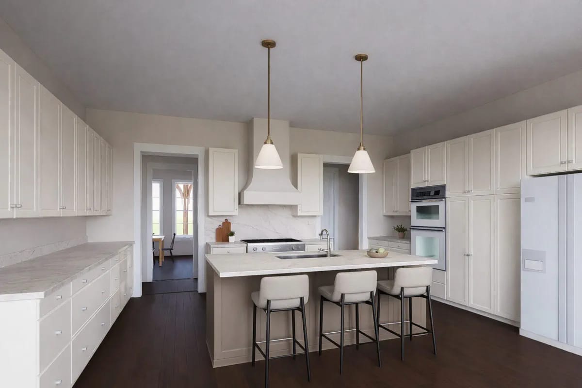 5-Bedroom New American House Plan with a 3-Car Side-Entry Garage (4,125 Sq. Ft. Floor Plan) 5 off-white shaker kitchen, double ovens, a marble-look slab behind the hood 1