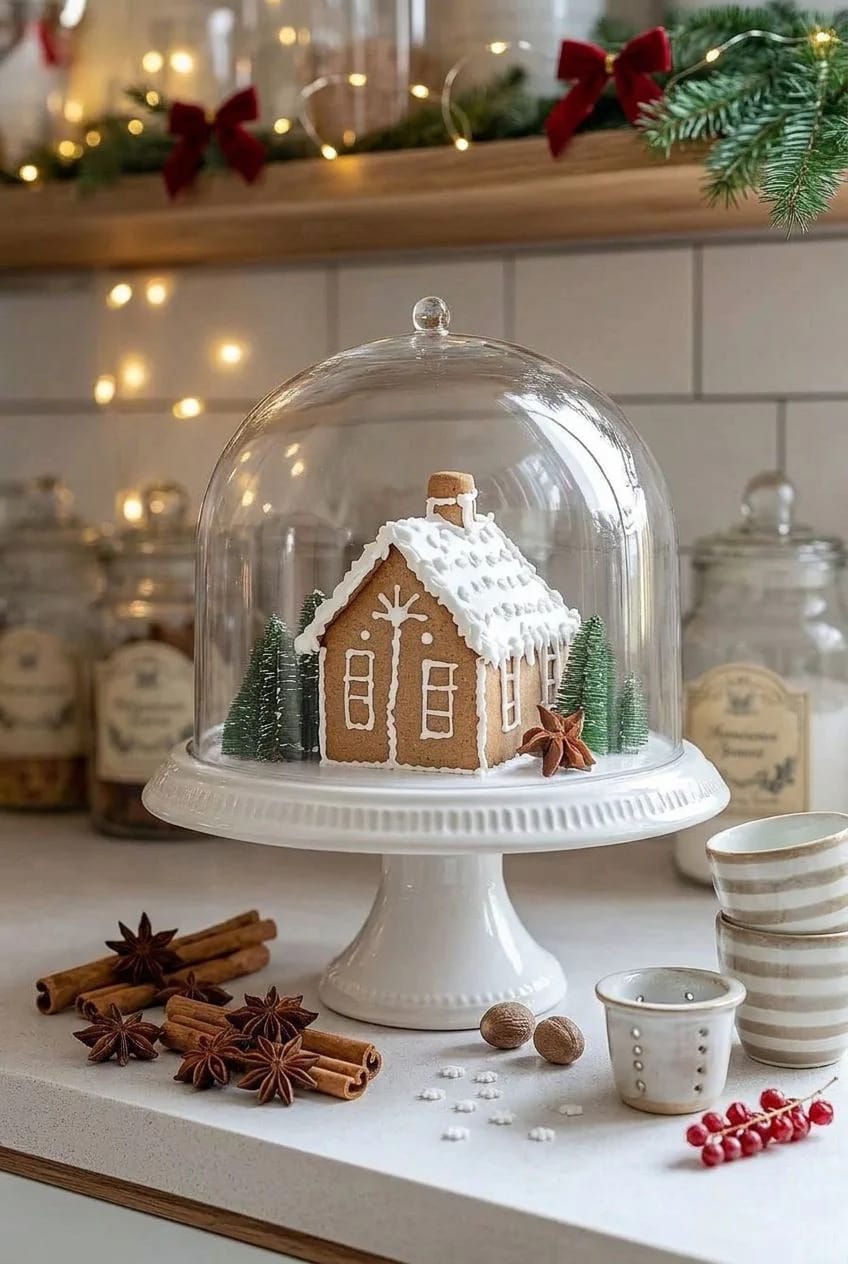 one gingerbread house, on a cake stand, under a cloche 1