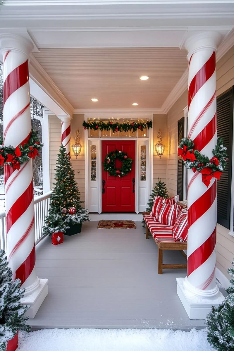 11 Whimsical Candy Cane Christmas Decorations Worth Doing Well 8 oversized candy cane porch posts 1