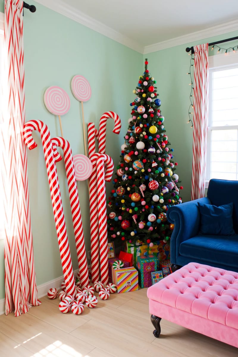 Whoville-Inspired Indoor Christmas Decorations That Skip the Generic Grinch Look 12 oversized candy canes and lollipops turn a corner into a who-street 1