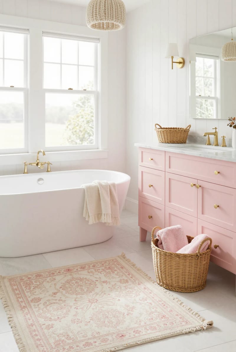 20 Pink Coastal Bathroom Ideas With a Breezy Finish 6 pastel bathroom with pink vanity, marble countertop, and knit pendant light. 1