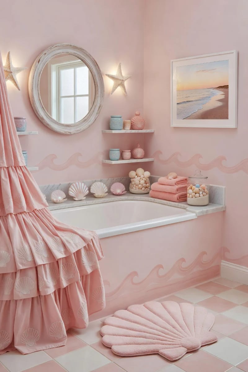20 Pink Coastal Bathroom Ideas With a Breezy Finish 3 pastel beach-themed bathroom decor with pink ruffles and shell motifs. 1