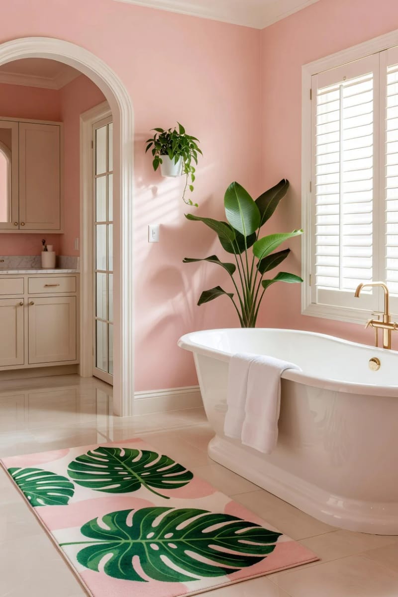 20 Pink Coastal Bathroom Ideas With a Breezy Finish 13 pastel pink bathroom with green monstera rug and lush plants. 1