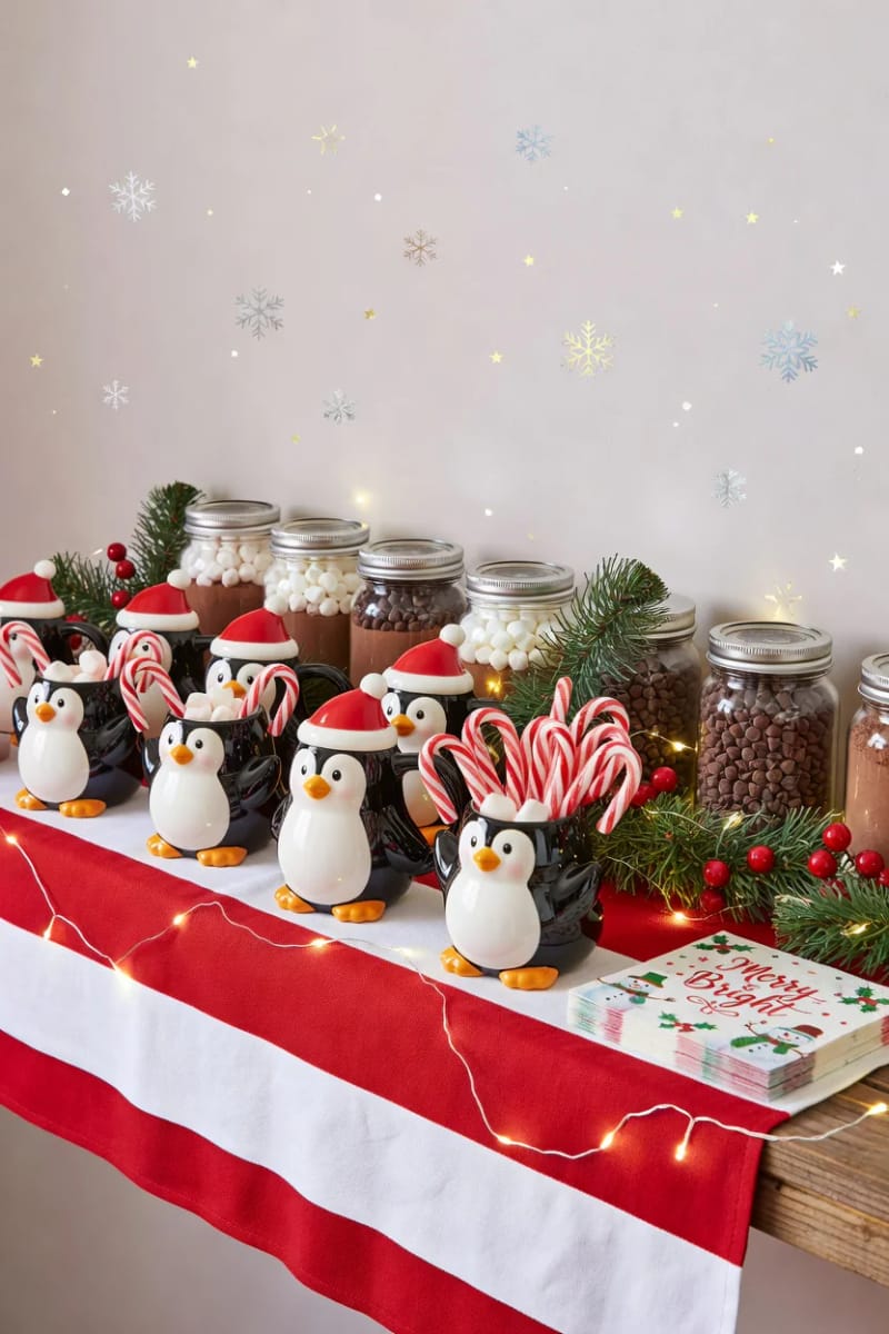 penguin mugs and treat bowls turn a shelf into a cocoa station 1