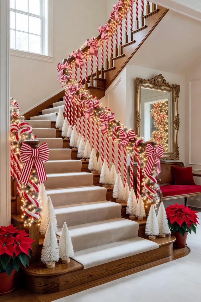 11 Whimsical Candy Cane Christmas Decorations Worth Doing Well 19 peppermint forest staircase garland 1