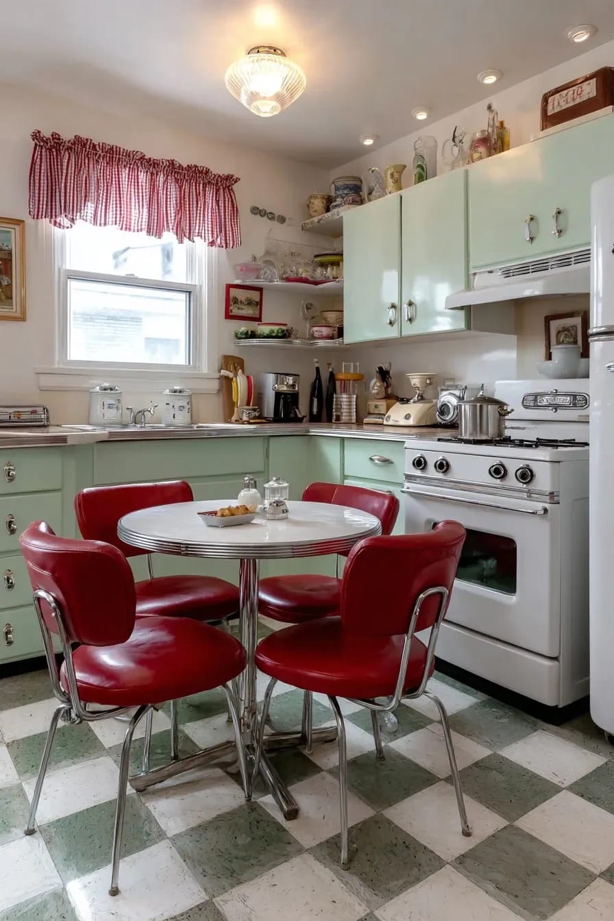 Vintage Kitchen Design Ideas That Read Period, Not Costume 4 A vintage kitchen design featuring mint green cabinets, a white stove, retro appliances, checkered floor tiles, and a round table with red chairs, reflecting a 1950s period style for vintage kitchen design ideas.