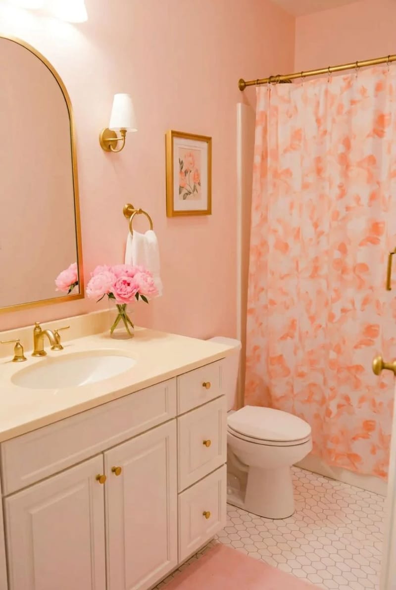 20 Pink Coastal Bathroom Ideas With a Breezy Finish 7 pink and white bathroom with gold fixtures and floral accents. 1