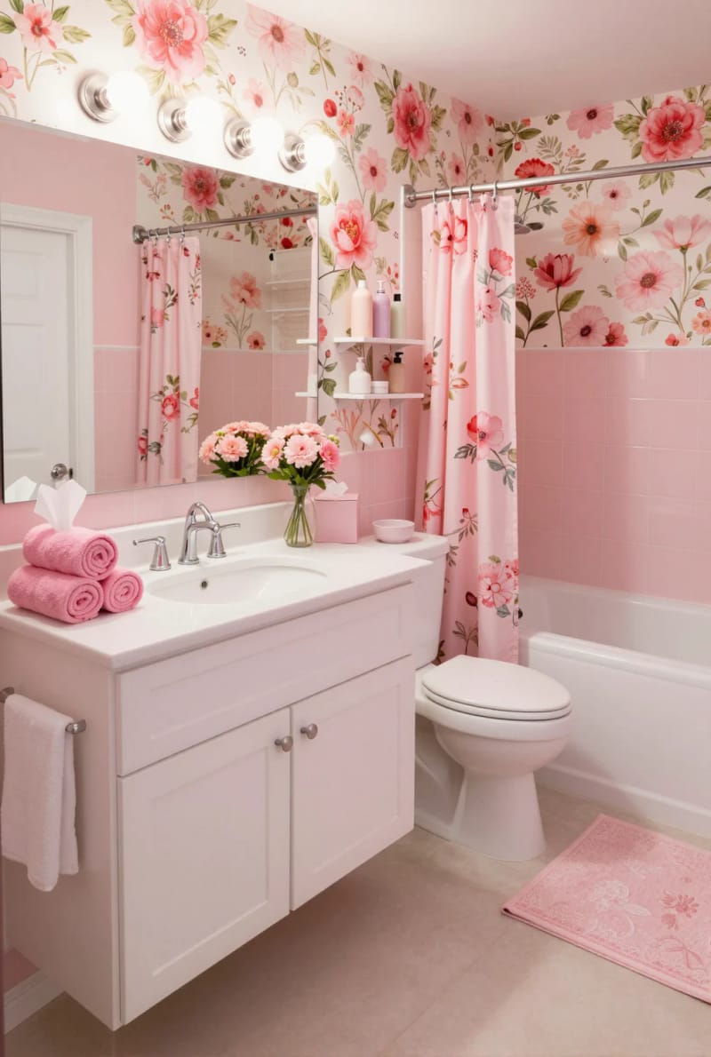 20 Pink Coastal Bathroom Ideas With a Breezy Finish 19 pink floral bathroom with matching wallpaper, shower curtain, and towels. 1