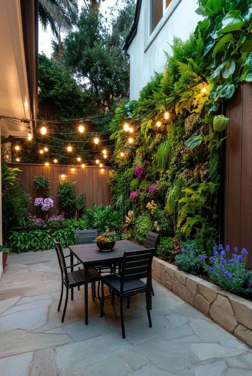 11 Small Backyard Ideas That Work in Under 400 Square Feet 12 A small backyard with a vertical garden wall covered in lush greenery and flowers, string lights overhead, a black outdoor dining table with four chairs, and surrounding plants, illustrating a space-saving backyard idea for under 400 square feet.