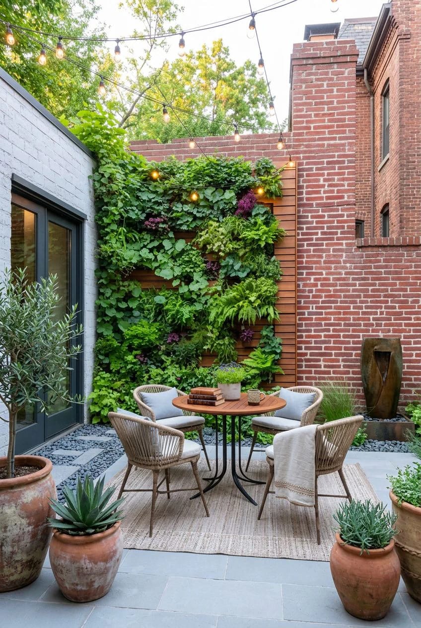 11 Small Backyard Ideas That Work in Under 400 Square Feet 14 A small backyard patio with a vertical garden wall covered in lush green plants, surrounded by brick walls, potted plants, a round wooden table with four chairs, string lights overhead, and a water feature, illustrating small backyard ideas for spaces under 400 square feet.