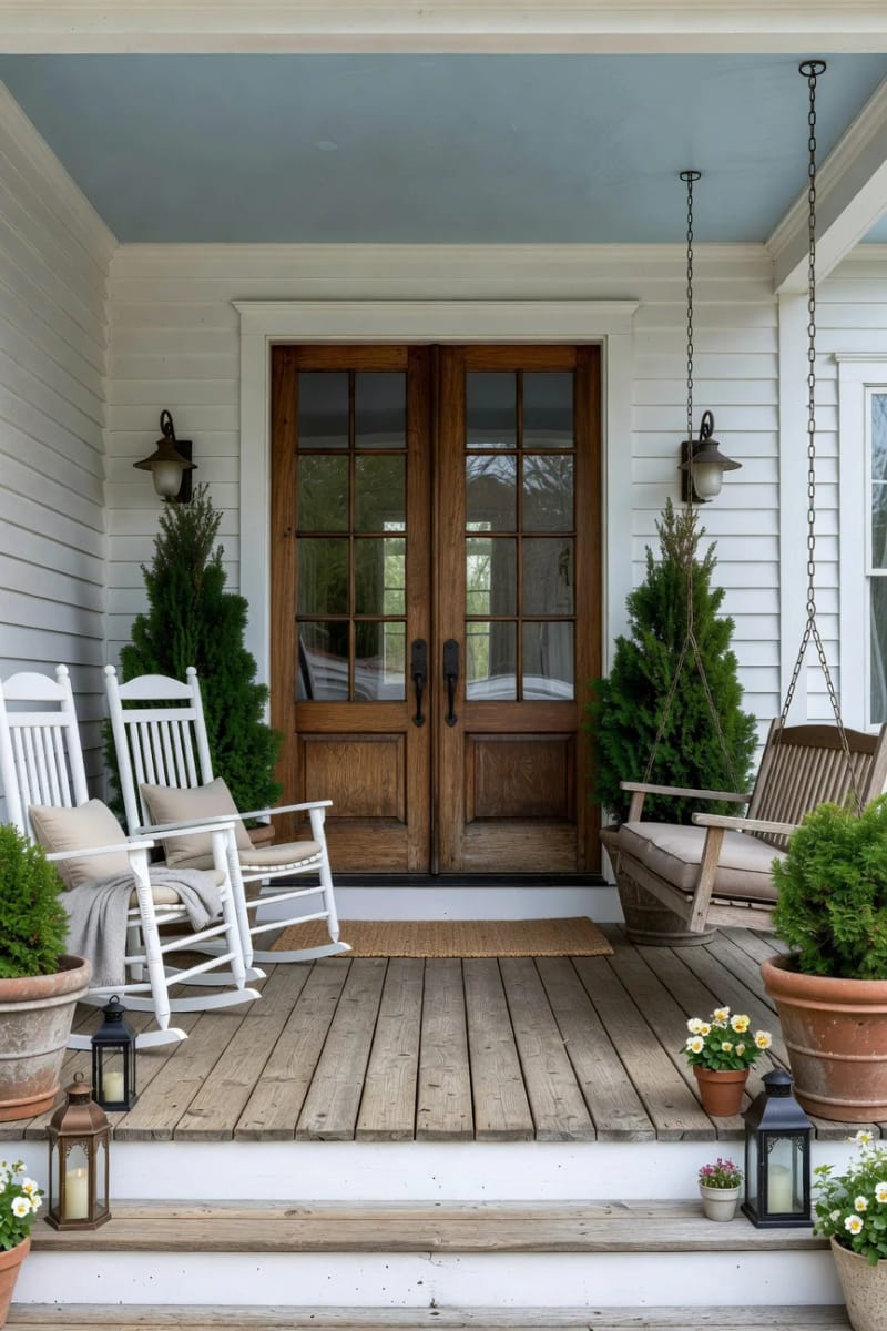 porch with double doors, evergreens, rocking chairs, swing, and planters. 1