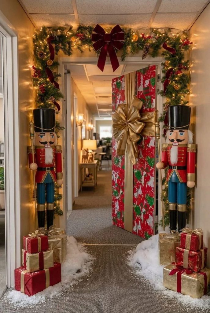 Office hallway decorated for a Christmas door contest, featuring two nutcracker sentries on either side of a door wrapped in festive paper with a gold bow, surrounded by garland, red bows, artificial snow, and stacked gift boxes.