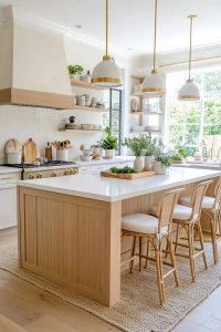 Bright neutral kitchen featuring a fluted oak island, matching oak range hood trim, white countertops, rattan bar stools, pendant lighting, open shelving with dishware, and potted greenery, illustrating warm neutral kitchen ideas.