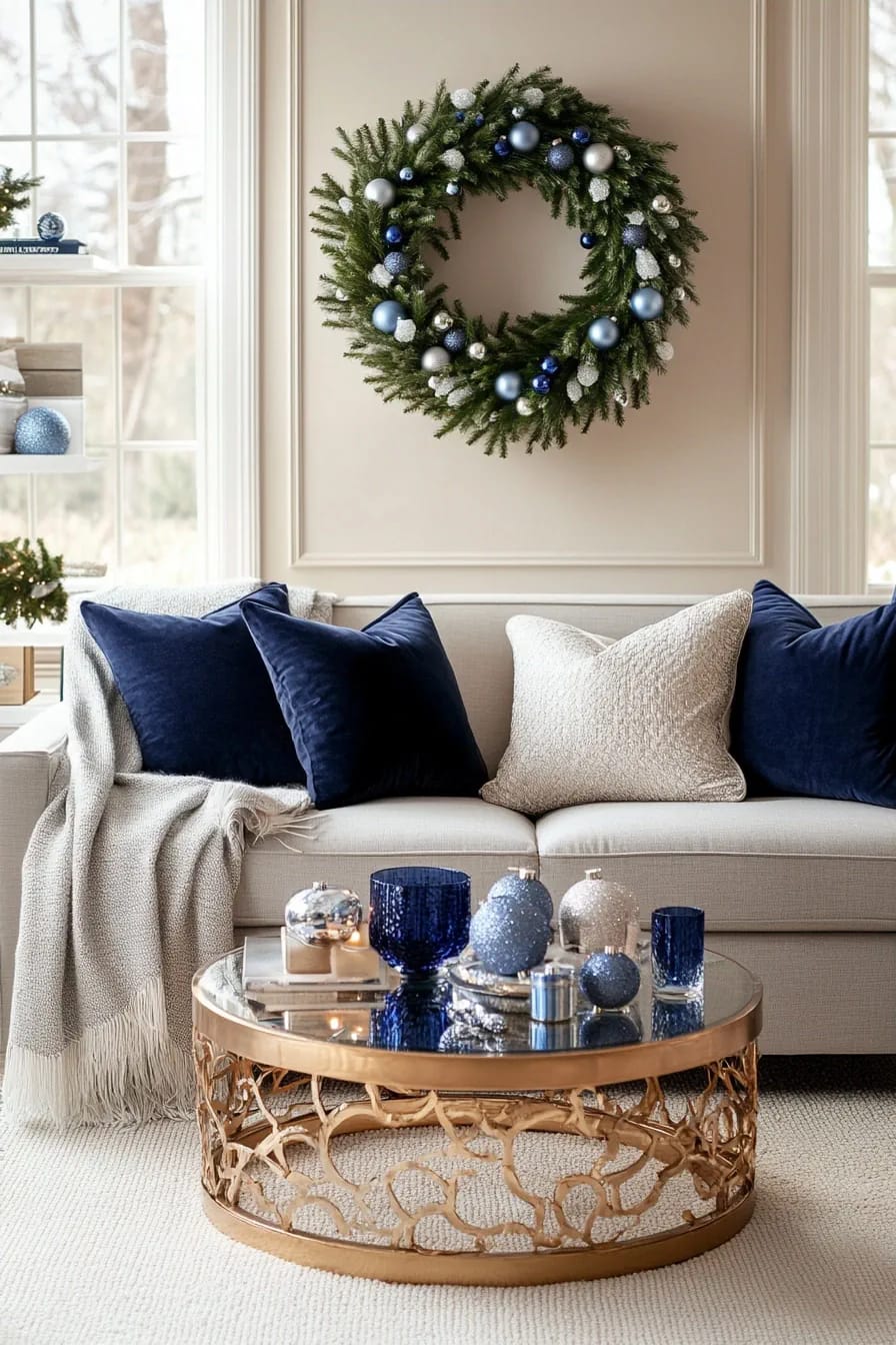 Blue and Silver Christmas Decor Ideas for the Living Room That Don't Read as Cold 21 put one wreath above the sofa, and skip the deco mesh 1