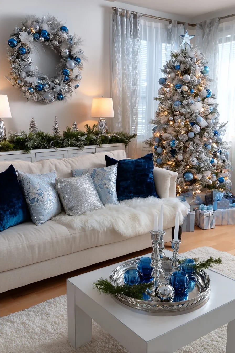 Blue and Silver Christmas Decor Ideas for the Living Room That Don't Read as Cold 22 put one wreath above the sofa, and skip the deco mesh 1